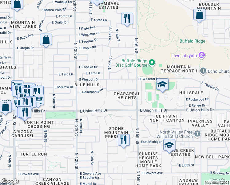 map of restaurants, bars, coffee shops, grocery stores, and more near 1415 East Rosemonte Drive in Phoenix