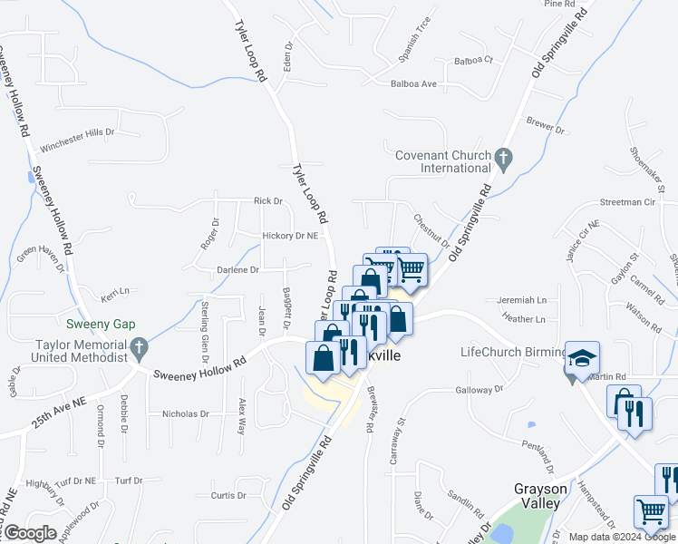 map of restaurants, bars, coffee shops, grocery stores, and more near 5277 Tyler Loop Road in Pinson