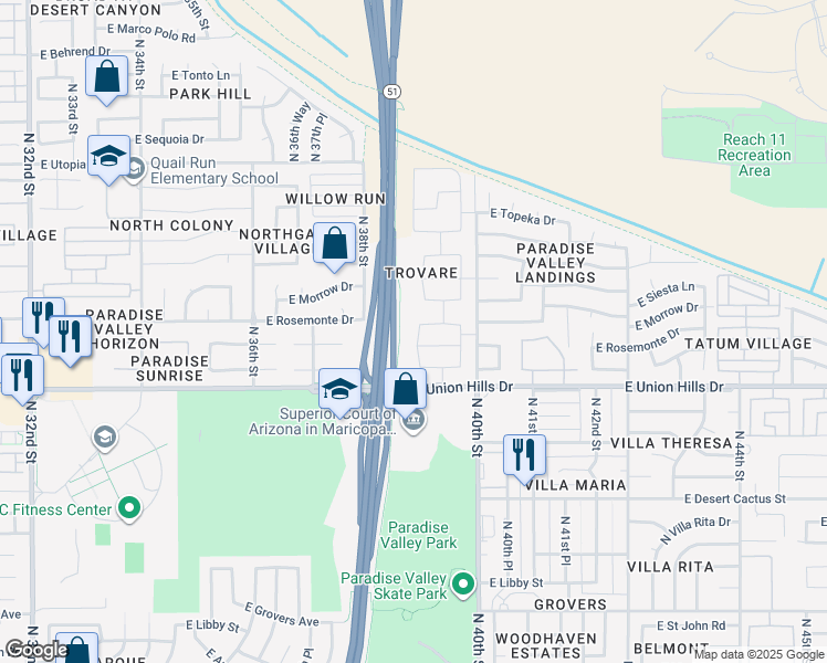 map of restaurants, bars, coffee shops, grocery stores, and more near 18652 North 39th Street in Phoenix