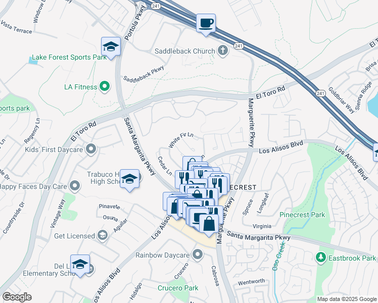 map of restaurants, bars, coffee shops, grocery stores, and more near 21061 Carob Lane in Mission Viejo