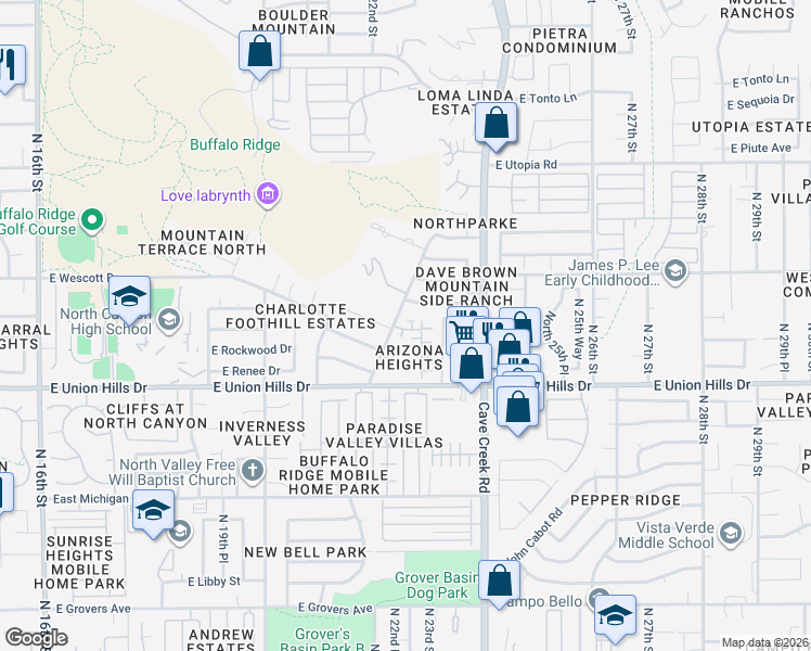 map of restaurants, bars, coffee shops, grocery stores, and more near Arizona Heights Circle in Phoenix