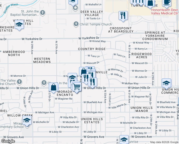 map of restaurants, bars, coffee shops, grocery stores, and more near 3401 West Morrow Drive in Phoenix