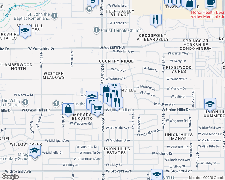map of restaurants, bars, coffee shops, grocery stores, and more near 3401 West Morrow Drive in Phoenix