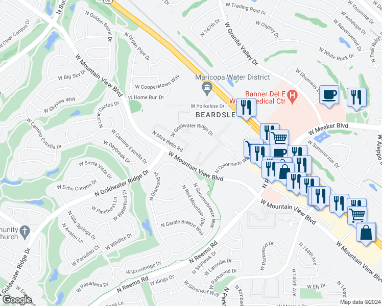 map of restaurants, bars, coffee shops, grocery stores, and more near 14950 West Mountain View Boulevard in Surprise