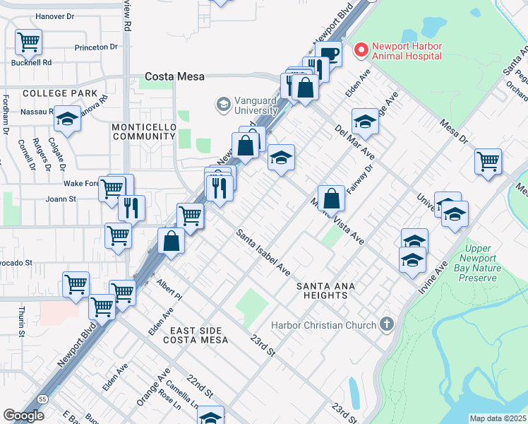 map of restaurants, bars, coffee shops, grocery stores, and more near 2441 Elden Avenue in Costa Mesa