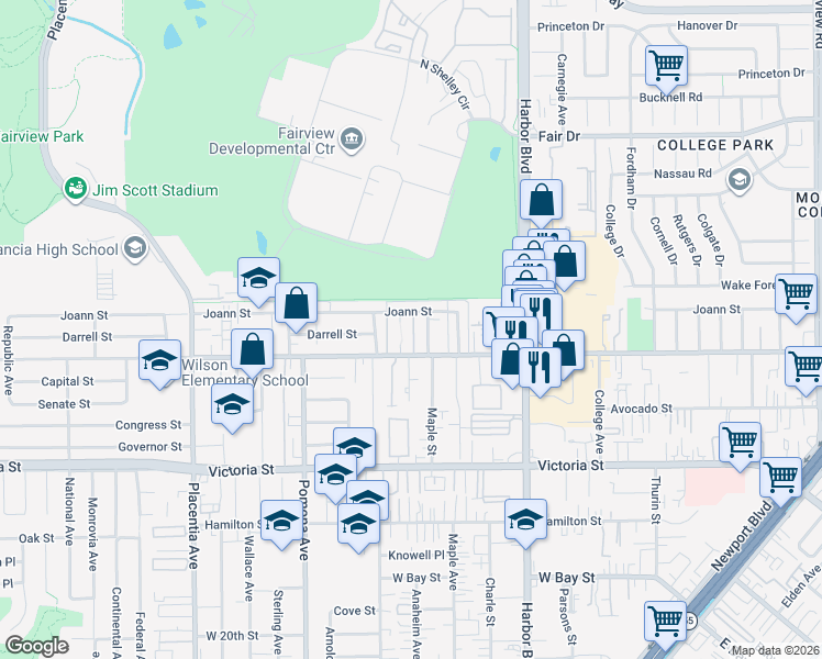 map of restaurants, bars, coffee shops, grocery stores, and more near 2280 West Wilson Street in Orange