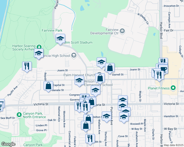 map of restaurants, bars, coffee shops, grocery stores, and more near 2278A Placentia Avenue in Costa Mesa