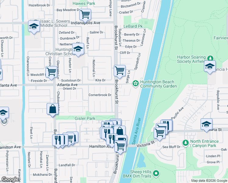 map of restaurants, bars, coffee shops, grocery stores, and more near 21052 Amberwick Lane in Huntington Beach
