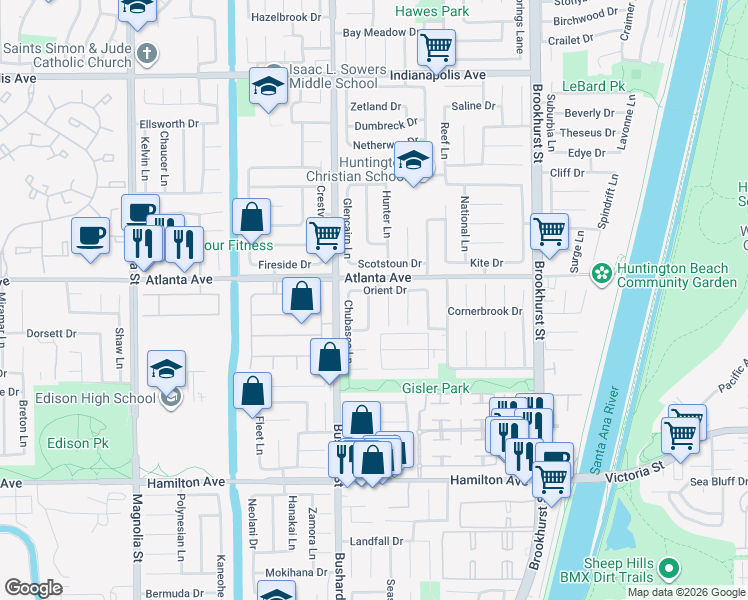 map of restaurants, bars, coffee shops, grocery stores, and more near 21052 Red Jacket Circle in Huntington Beach