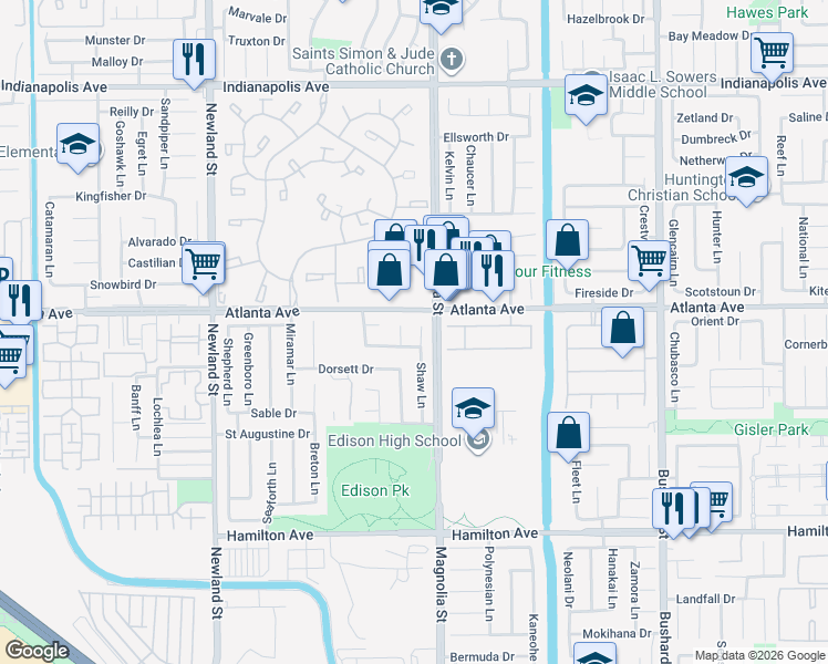 map of restaurants, bars, coffee shops, grocery stores, and more near 21041 Shaw Lane in Huntington Beach