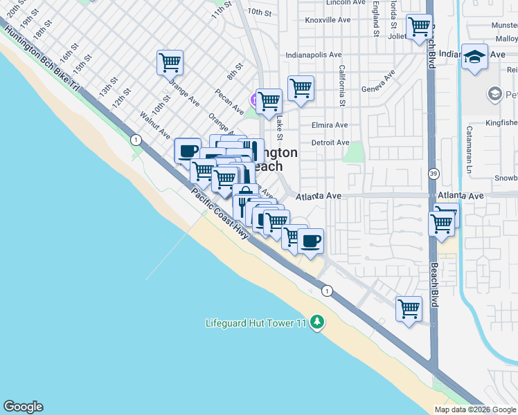 map of restaurants, bars, coffee shops, grocery stores, and more near 220 2nd Street in Huntington Beach
