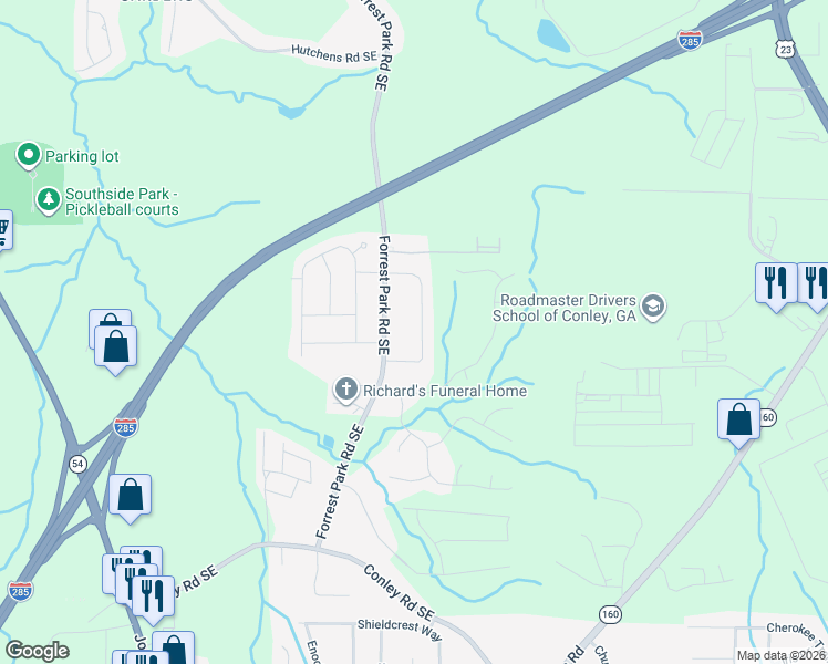 map of restaurants, bars, coffee shops, grocery stores, and more near 3575 Pine Forest Drive Southeast in Atlanta