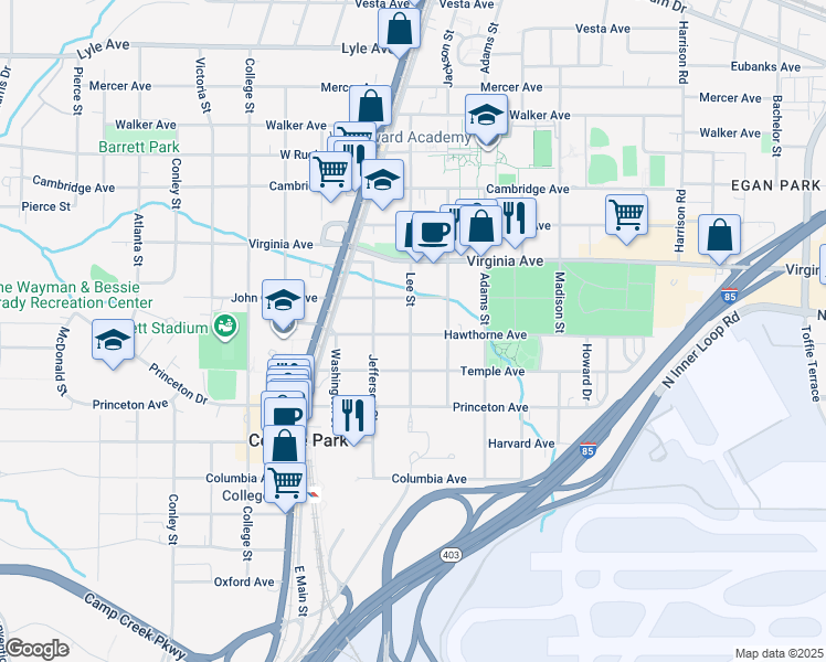 map of restaurants, bars, coffee shops, grocery stores, and more near 1727 Hawthorne Avenue in College Park