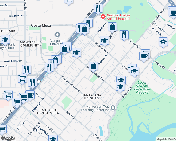 map of restaurants, bars, coffee shops, grocery stores, and more near 221 Monte Vista Avenue in Costa Mesa