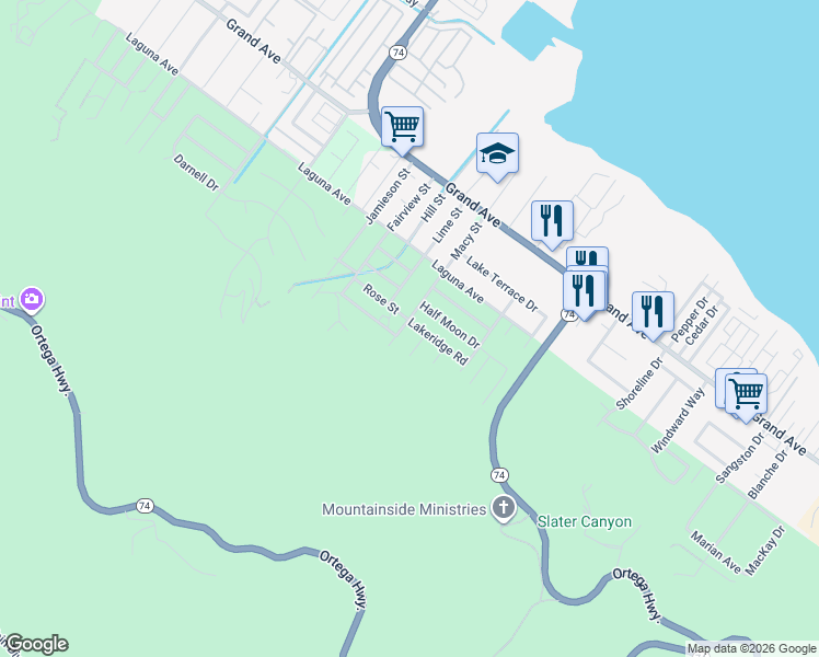 map of restaurants, bars, coffee shops, grocery stores, and more near 33400 Macy Street in Lake Elsinore