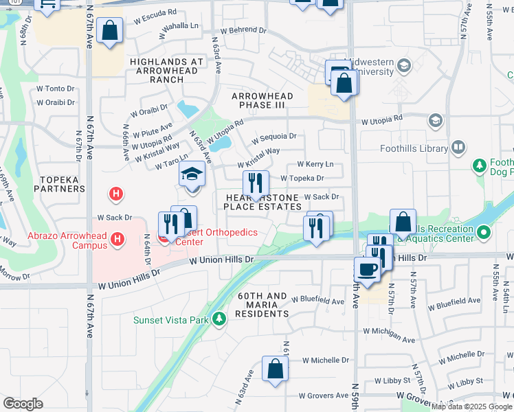 map of restaurants, bars, coffee shops, grocery stores, and more near 6131 West Kimberly Way in Glendale
