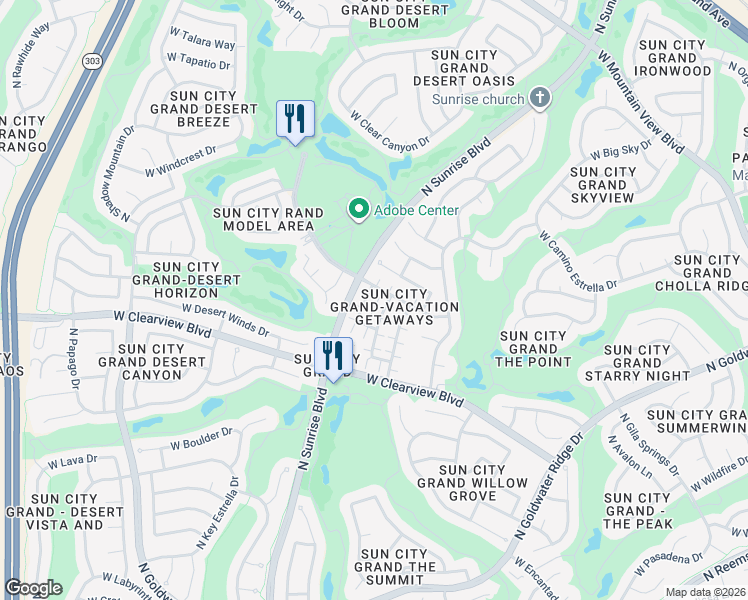 map of restaurants, bars, coffee shops, grocery stores, and more near 15879 North Desert Garden Drive in Surprise