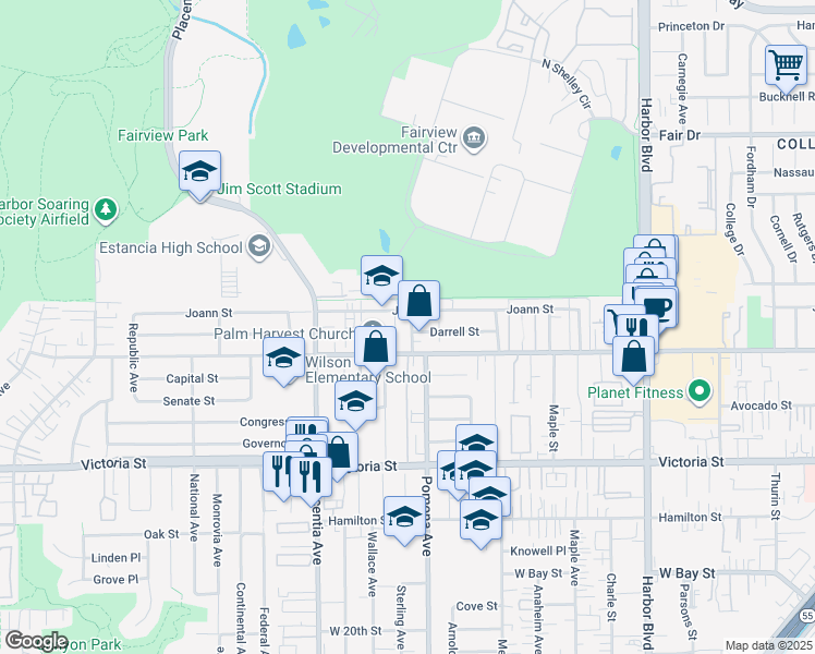 map of restaurants, bars, coffee shops, grocery stores, and more near 2267 Pomona Avenue in Costa Mesa