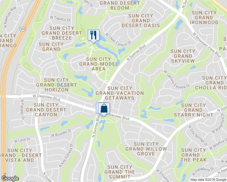 map of restaurants, bars, coffee shops, grocery stores, and more near 15879 North Desert Garden Drive in Surprise