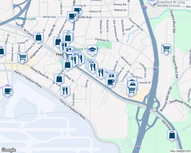 map of restaurants, bars, coffee shops, grocery stores, and more near 501 North Central Avenue in Hapeville