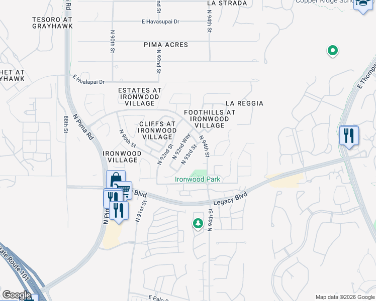 map of restaurants, bars, coffee shops, grocery stores, and more near 18862 North 93rd Street in Scottsdale