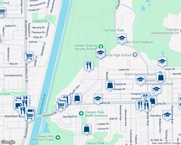map of restaurants, bars, coffee shops, grocery stores, and more near 1024 Sea Breeze Drive in Costa Mesa