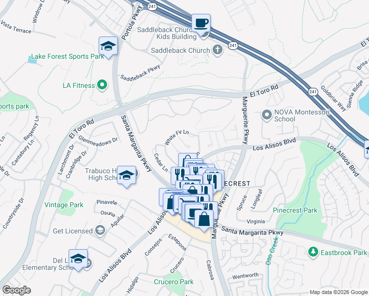 map of restaurants, bars, coffee shops, grocery stores, and more near 21061 Carob Lane in Mission Viejo
