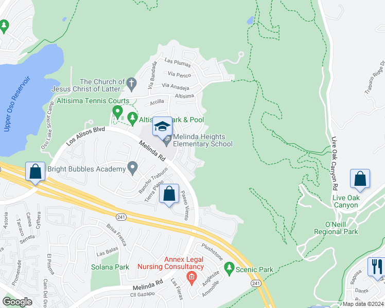 map of restaurants, bars, coffee shops, grocery stores, and more near 109 Mira Mesa in Rancho Santa Margarita