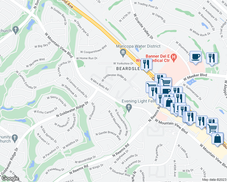 map of restaurants, bars, coffee shops, grocery stores, and more near 14950 West Mountain View Boulevard in Surprise