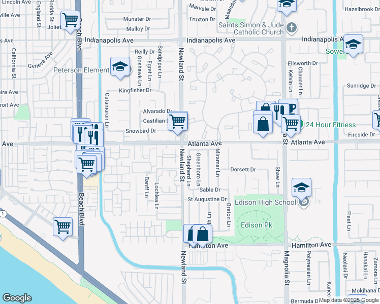 map of restaurants, bars, coffee shops, grocery stores, and more near 21032 Shepherd Lane in Huntington Beach