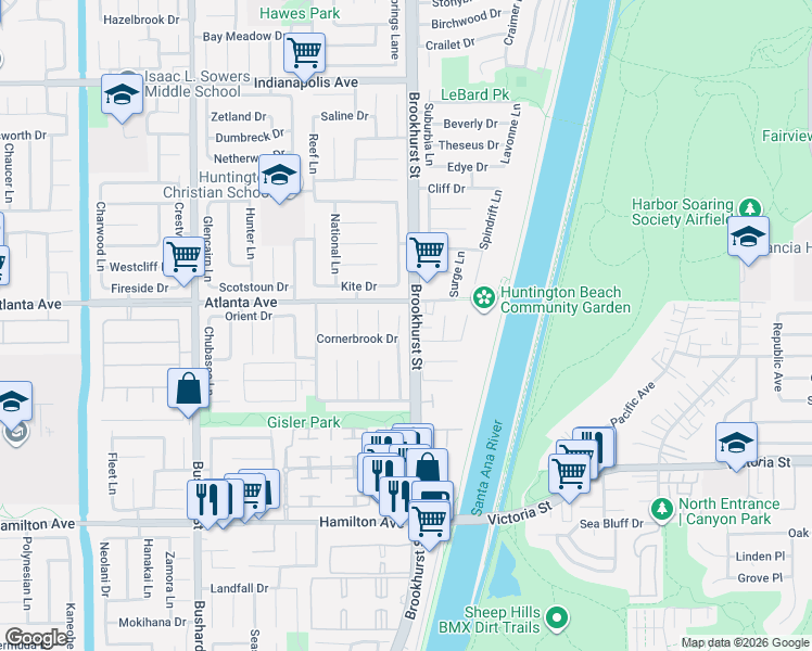 map of restaurants, bars, coffee shops, grocery stores, and more near 21052 Amberwick Lane in Huntington Beach