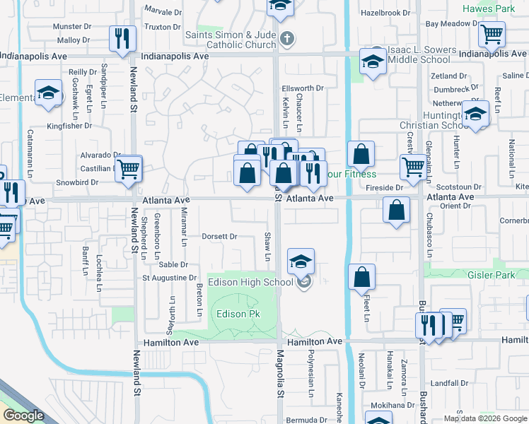 map of restaurants, bars, coffee shops, grocery stores, and more near 21041 Shaw Lane in Huntington Beach