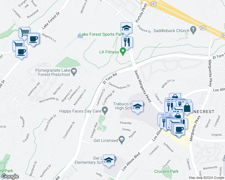 map of restaurants, bars, coffee shops, grocery stores, and more near 21041 Cranbridge Dr in El Toro