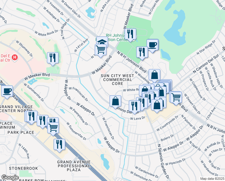 map of restaurants, bars, coffee shops, grocery stores, and more near 13810 West Sandridge Drive in Sun City West