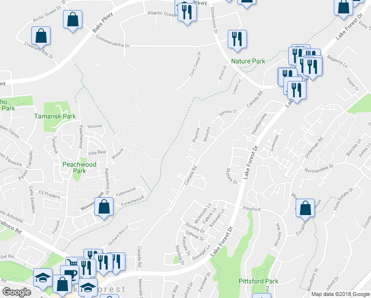 map of restaurants, bars, coffee shops, grocery stores, and more near 21081 Sharmila in Lake Forest