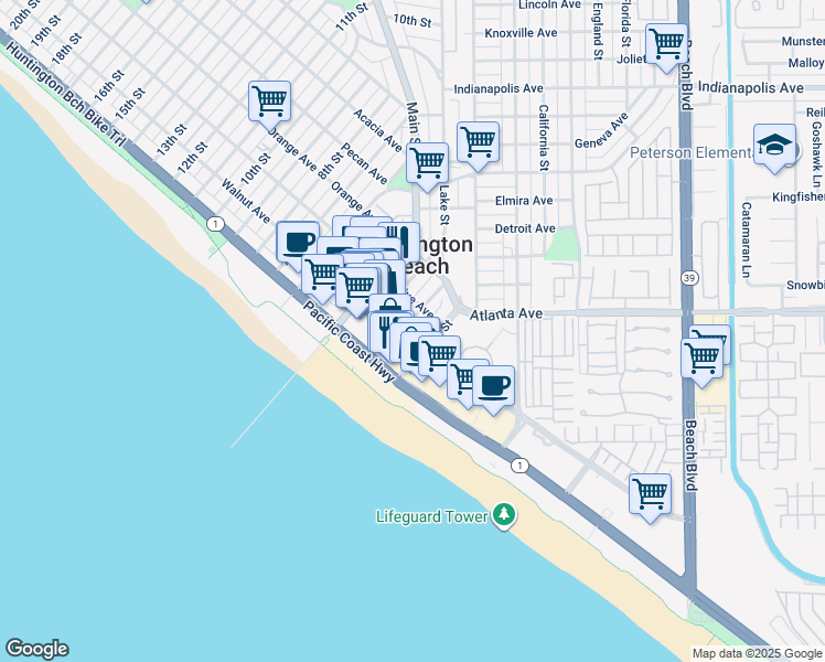 map of restaurants, bars, coffee shops, grocery stores, and more near 220 2nd Street in Huntington Beach