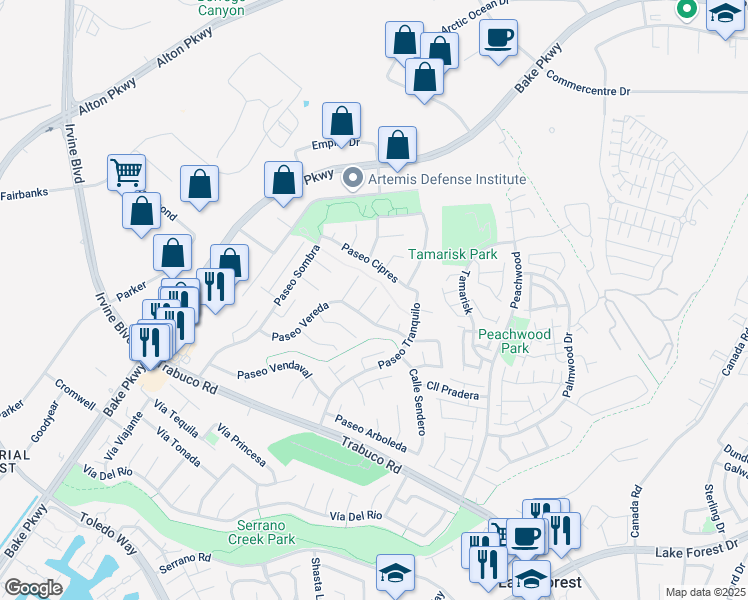 map of restaurants, bars, coffee shops, grocery stores, and more near 21042 Avenida Albercon in Lake Forest