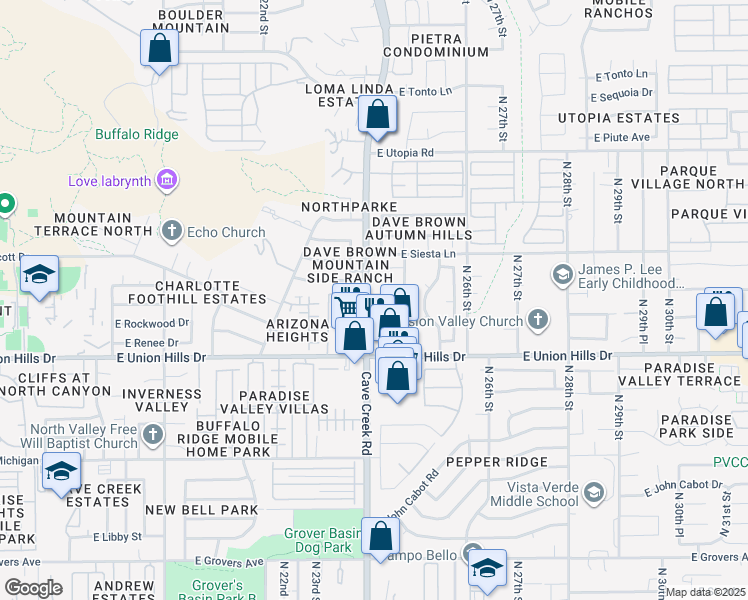 map of restaurants, bars, coffee shops, grocery stores, and more near 2403 East Rosemonte Drive in Phoenix