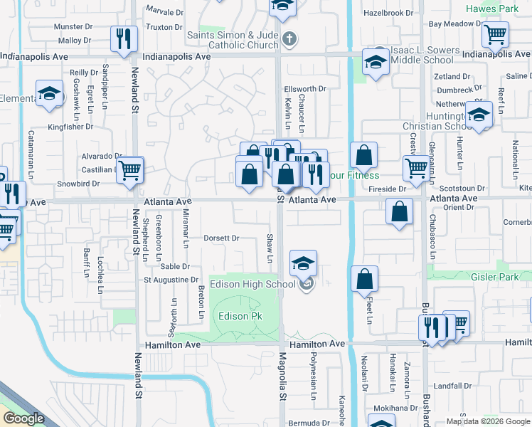 map of restaurants, bars, coffee shops, grocery stores, and more near 21041 Shaw Lane in Huntington Beach