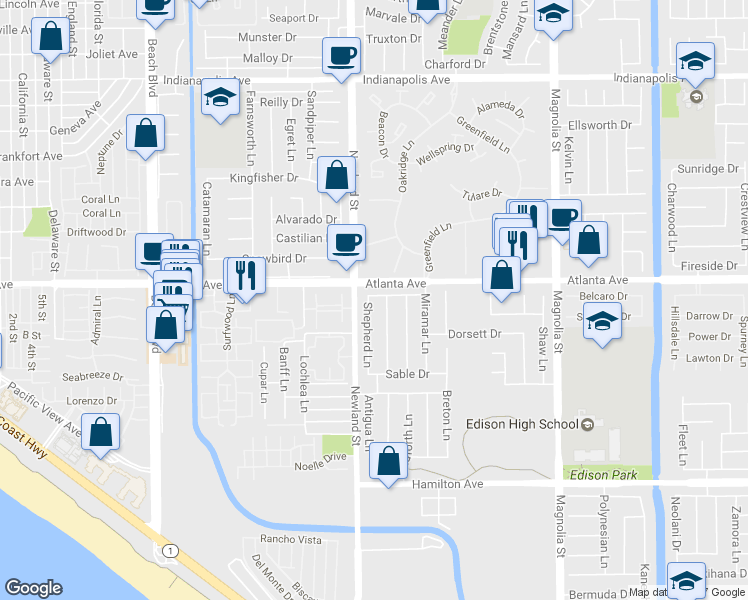map of restaurants, bars, coffee shops, grocery stores, and more near 21032 Shepherd Lane in Huntington Beach