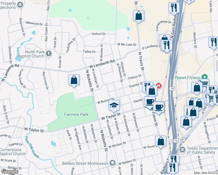 map of restaurants, bars, coffee shops, grocery stores, and more near 2213 North Woods Street in Sherman