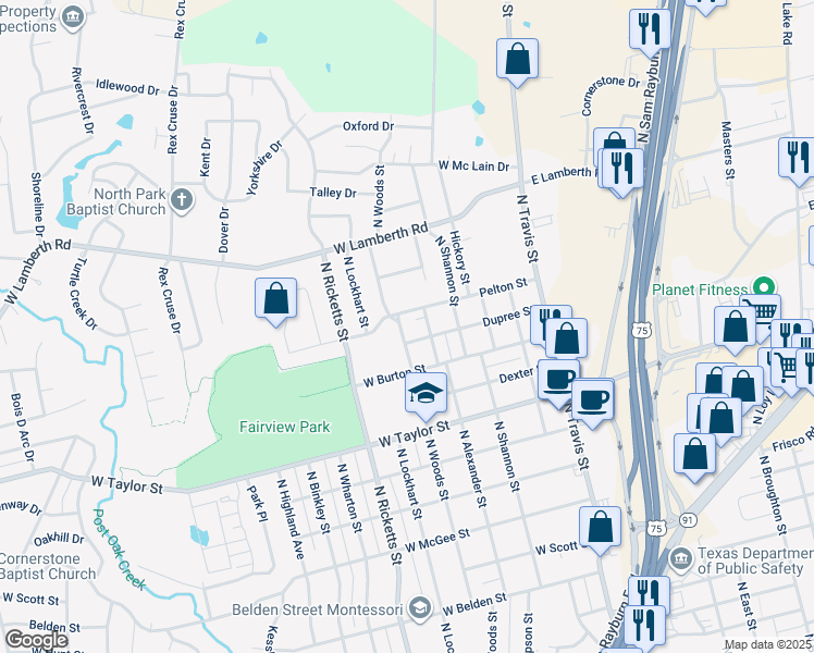 map of restaurants, bars, coffee shops, grocery stores, and more near 2213 North Woods Street in Sherman
