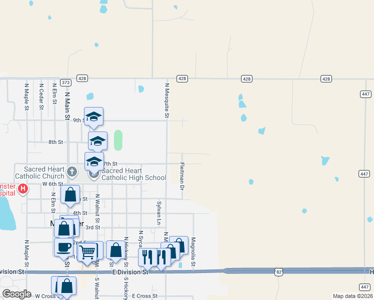 map of restaurants, bars, coffee shops, grocery stores, and more near 814 North Mesquite Street in Muenster