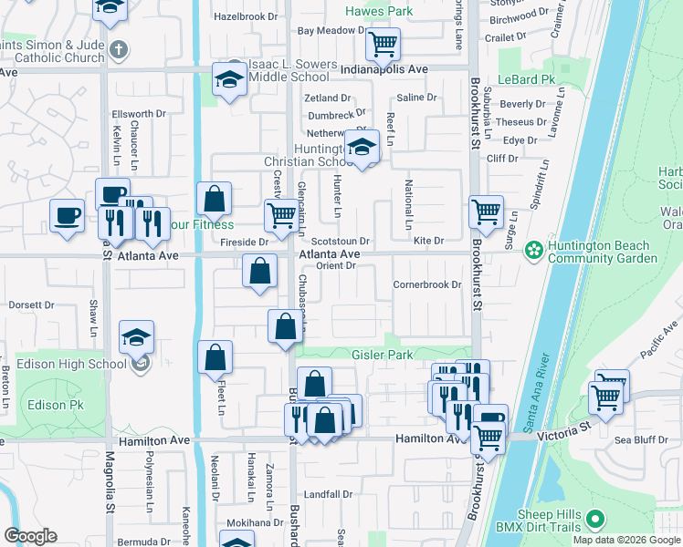 map of restaurants, bars, coffee shops, grocery stores, and more near 21052 Red Jacket Cir in Huntington Beach