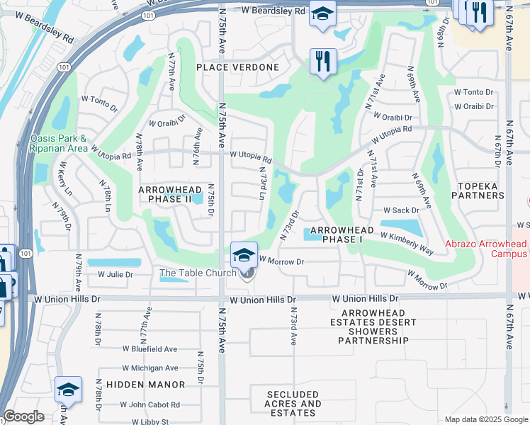 map of restaurants, bars, coffee shops, grocery stores, and more near 19101 North 73rd Lane in Glendale