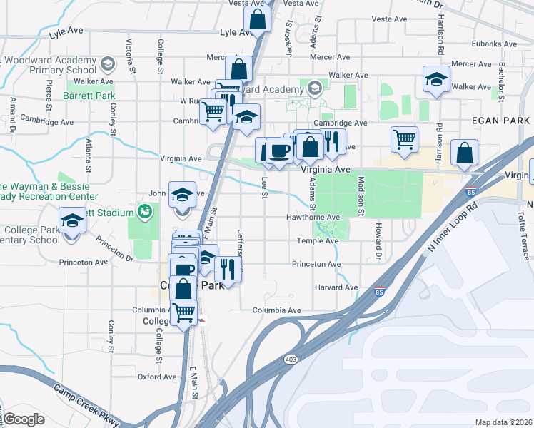 map of restaurants, bars, coffee shops, grocery stores, and more near 1727 Hawthorne Avenue in College Park