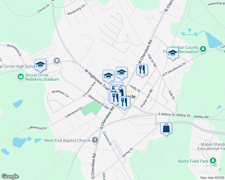 map of restaurants, bars, coffee shops, grocery stores, and more near 162 West Hightower Trail in Social Circle