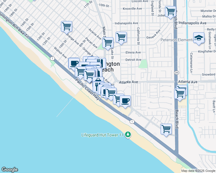 map of restaurants, bars, coffee shops, grocery stores, and more near 220 2nd Street in Huntington Beach