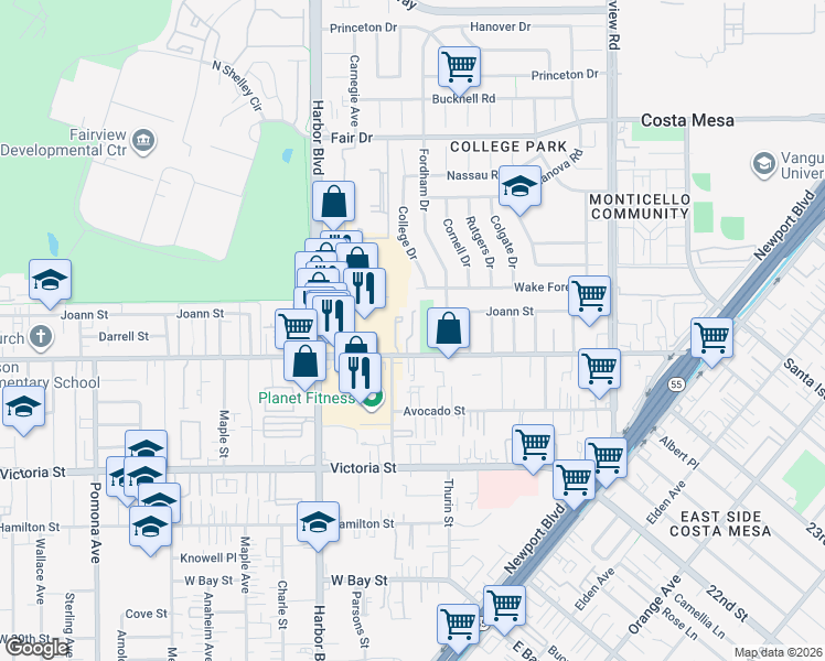 map of restaurants, bars, coffee shops, grocery stores, and more near in Costa Mesa