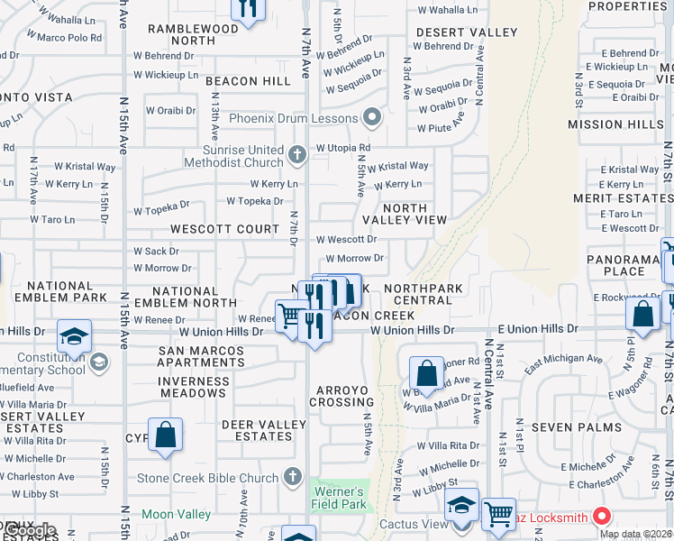 map of restaurants, bars, coffee shops, grocery stores, and more near 524 West Rosemonte Drive in Phoenix